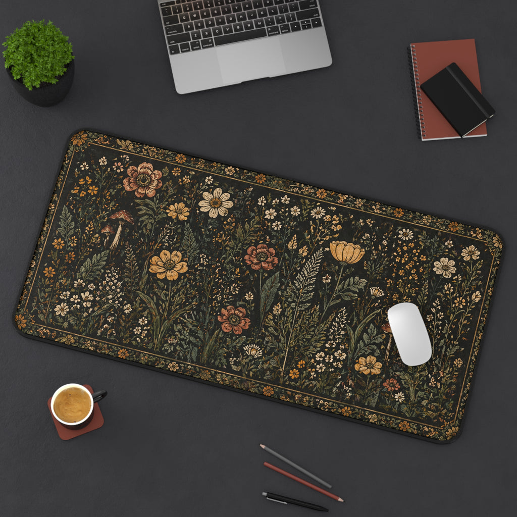 Vintage Wildflower Desk Mat — Dark Botanical Mouse Pad