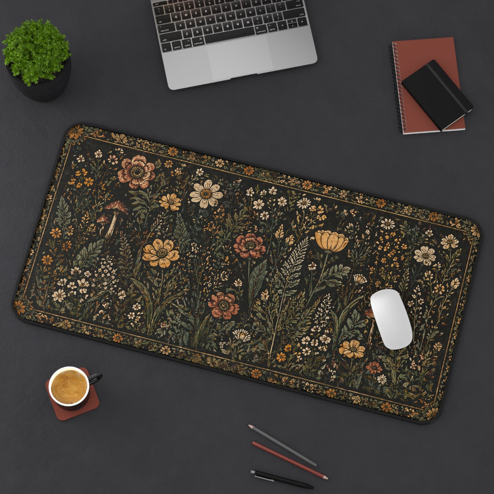 Vintage Wildflower Desk Mat — Dark Botanical Mouse Pad
