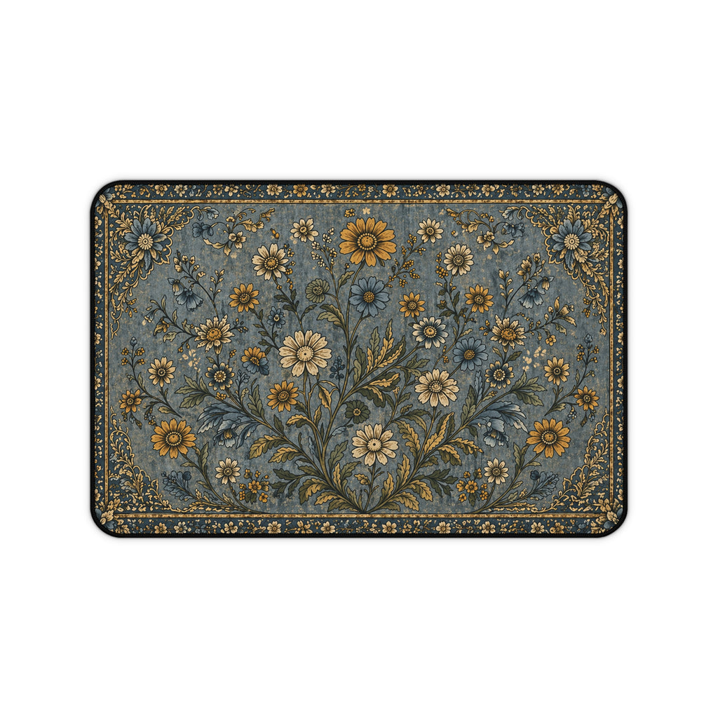 Vintage Floral Desk Mat — Blue & Gold Botanical Mouse Pad