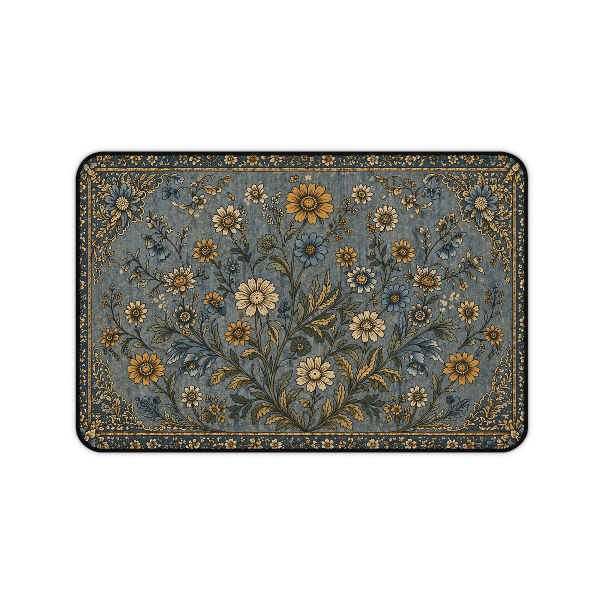 Vintage Floral Desk Mat — Blue & Gold Botanical Mouse Pad