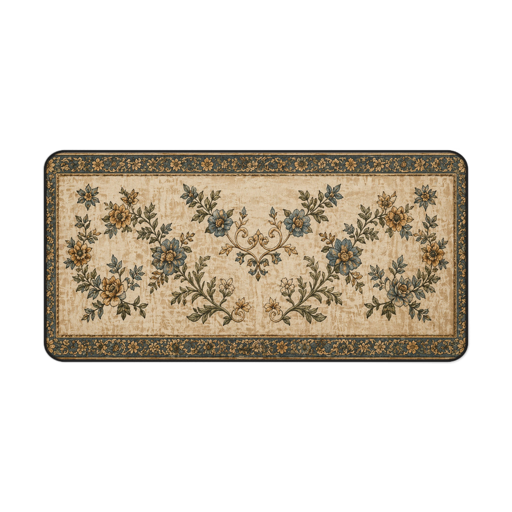 Vintage Floral Desk Mat – Blue & Gold Ornate Rug-Inspired Mouse Pad