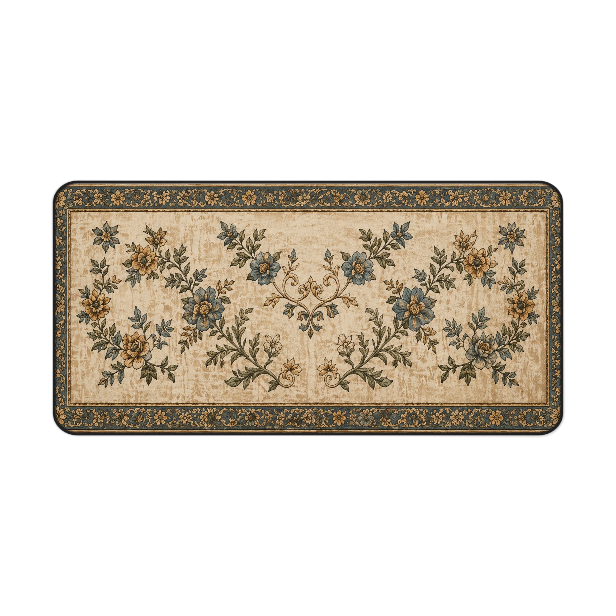 Vintage Floral Desk Mat – Blue & Gold Ornate Rug-Inspired Mouse Pad