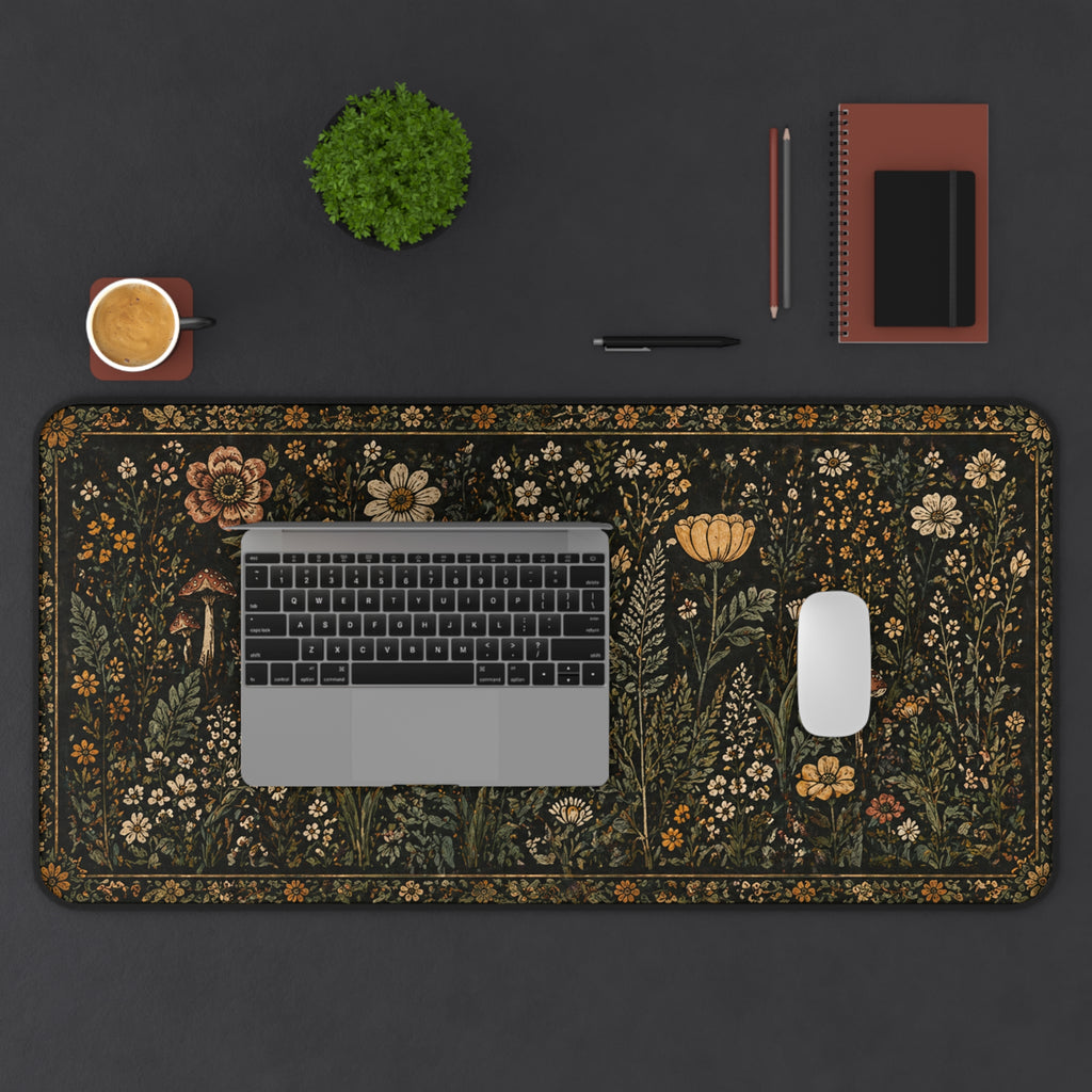Vintage Wildflower Desk Mat — Dark Botanical Mouse Pad