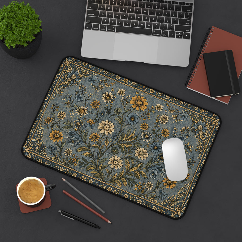Vintage Floral Desk Mat — Blue & Gold Botanical Mouse Pad