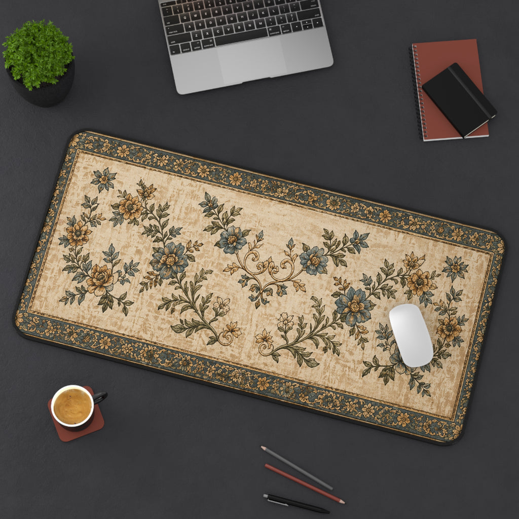 Vintage Floral Desk Mat – Blue & Gold Ornate Rug-Inspired Mouse Pad
