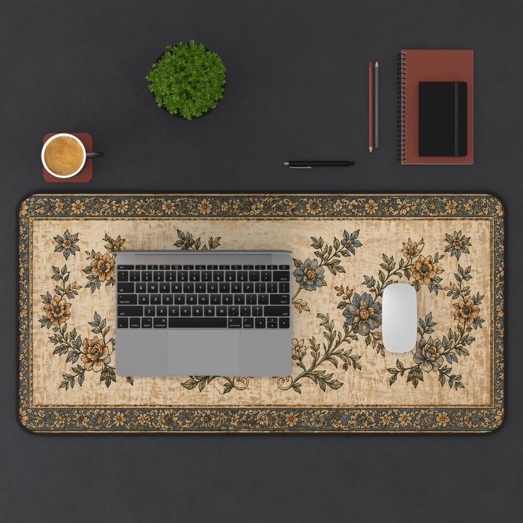 Vintage Floral Desk Mat – Blue & Gold Ornate Rug-Inspired Mouse Pad