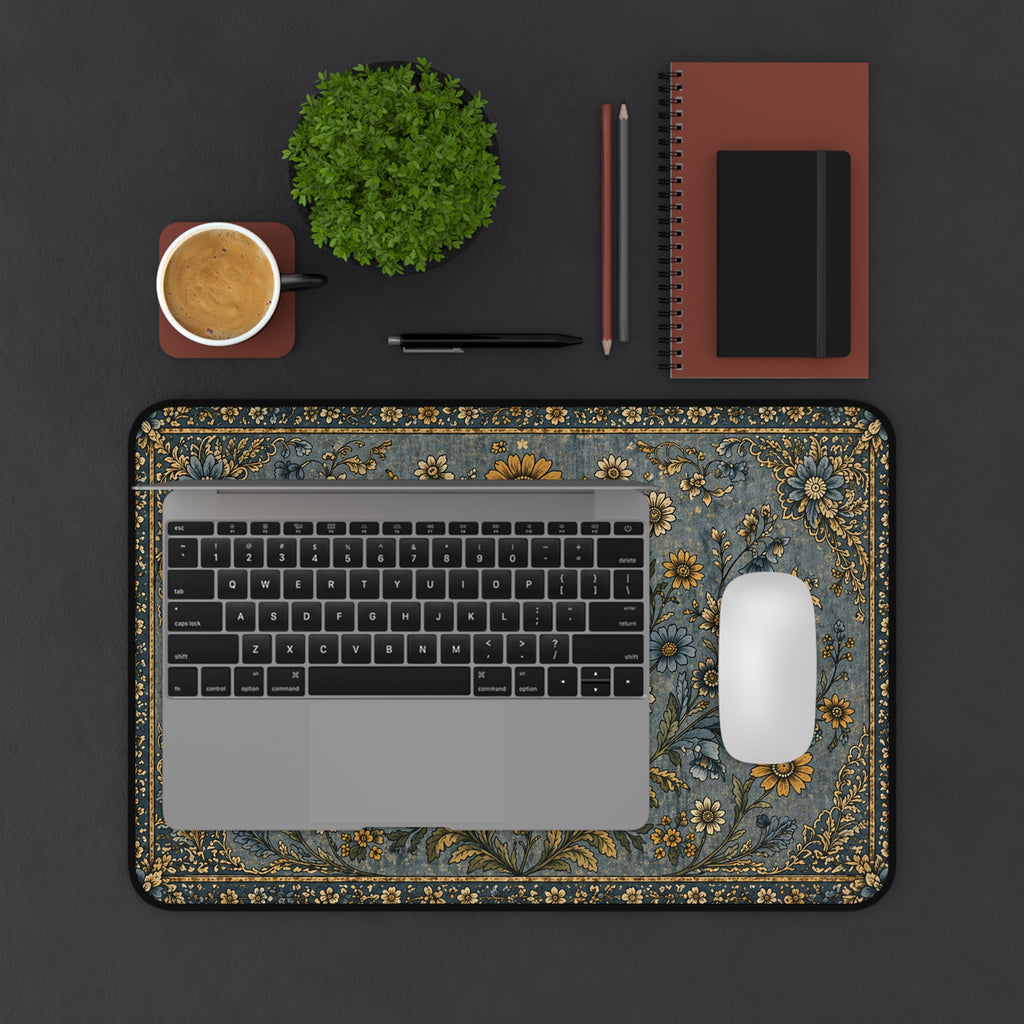 Vintage Floral Desk Mat — Blue & Gold Botanical Mouse Pad